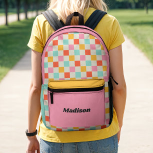 Retro Preppy Colorful Checkered Colorblock Printed Backpack