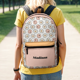 Retro Preppy Happy Face Flowers Colorblock Printed Backpack