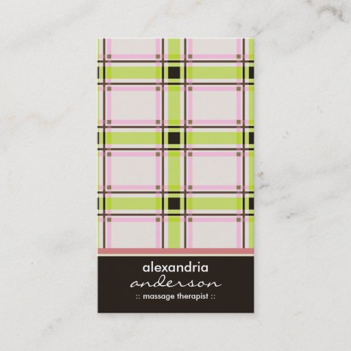 Customizable Retro Preppy Plaid Business Cards (lime/pink)