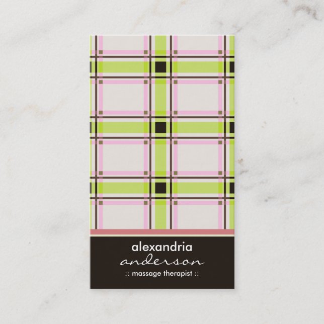 Retro Preppy Plaid Business Cards (lime/pink) (Front)