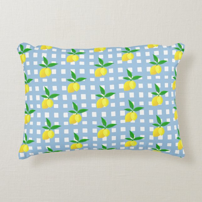 Retro Preppy Style Yellow Lemons Blue White Check Accent Pillow (Front)