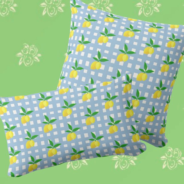 Retro Preppy Style Yellow Lemons Blue White Check Throw Pillow (Springtime fresh lemons!)