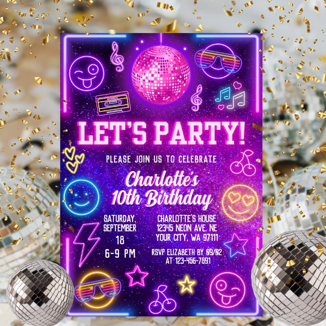 Retro Preppy Y2K Smile Face Pink Neon Glow Party Invitation (Creator Uploaded)
