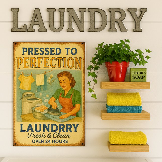 Retro Pressed to Perfection Laundry  Metal Print (Decorate your laundry room with vintage "pressed to perfection" metal print)