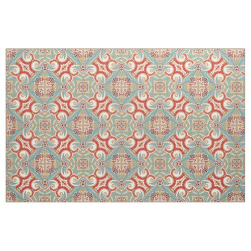 Retro Pretty Chic Red Teal Floral Mosaic Pattern Fabric
