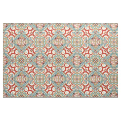 Retro Pretty Chic Red Teal Floral Mosaic Pattern Fabric