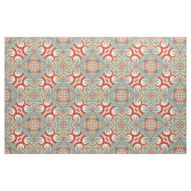 Retro Pretty Chic Red Teal Floral Mosaic Pattern Fabric (Fat Quarter)