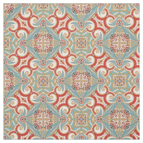 Retro Pretty Chic Red Teal Floral Mosaic Pattern Fabric
