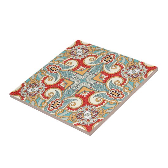 Retro Pretty Chic Red Teal Floral Mosaic Pattern Tile
