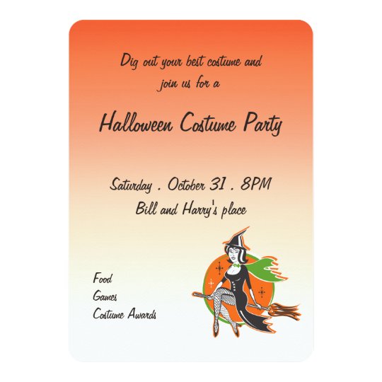 retro pretty halloween witch on her broom invitation zazzle com