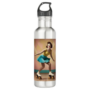 Retro Pretty Lady Roller Skating Lets Roll, Stainless Steel Water Bottle