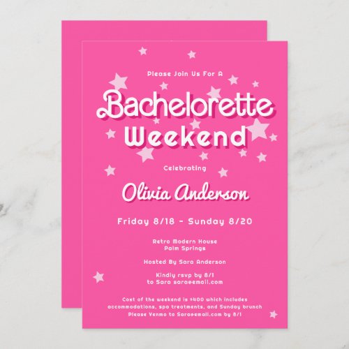 Retro Pretty Pink Malibu Stars Bachelorette  Invitation