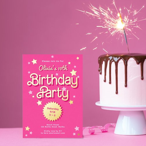 Retro Pretty Pink Malibu Stars Birthday Party Foil Invitation