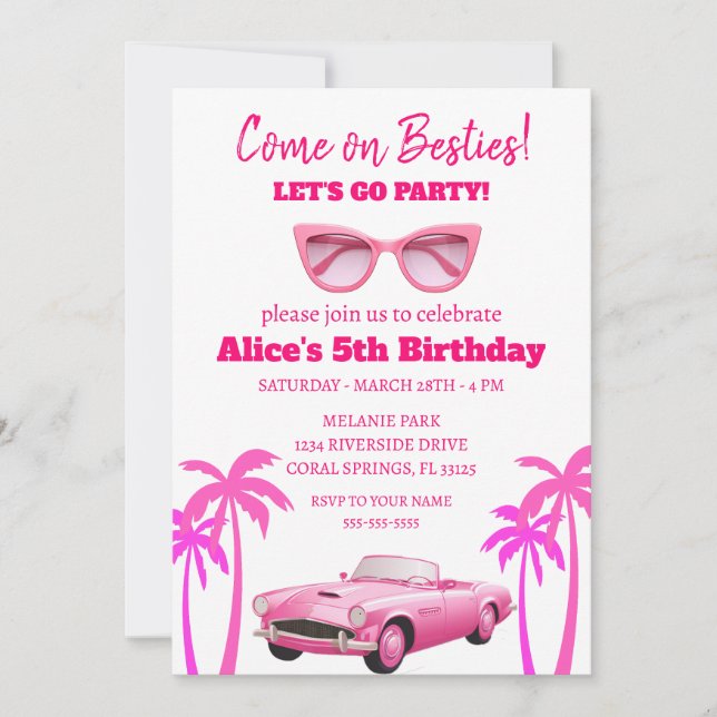 Retro Pretty Pink Malibu Stars Birthday Party Invitation (Front)