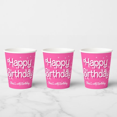 Retro Pretty Pink Malibu Stars Happy Birthday  Paper Cups