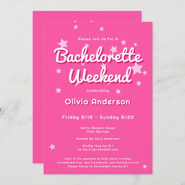 Retro Pretty Pink Stars Bachelorette  Invitation (Front/Back)