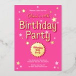 Retro Pretty Pink Stars Birthday Party Foil Invitation<br><div class="desc">This retro inspired birthday party invitation features a bright pink background with pink / raised foil stars and retro inspired typography. The back has the same bright pink color with a white diagonal stripe pattern. The look is feminine and fun!</div>