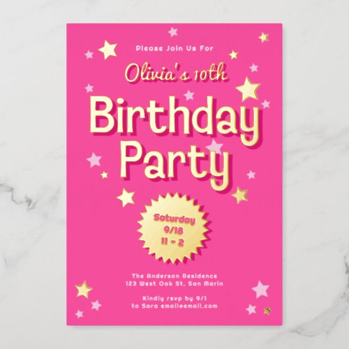 Retro Pretty Pink Stars Birthday Party Foil Invitation