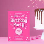 Retro Pretty Pink Stars Birthday Party Invitation<br><div class="desc">This retro inspired birthday party invitation features a bright pink background,  retro inspired typography. The back has the same bright pink color with a white diagonal stripe pattern. The look is feminine and fun!</div>