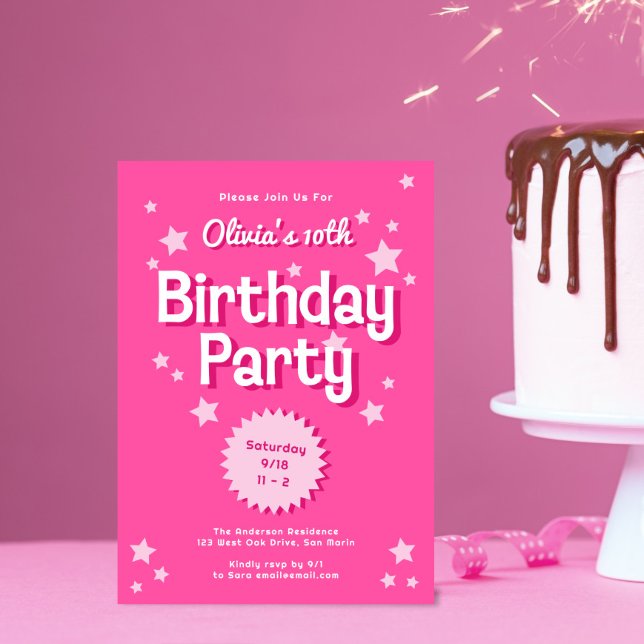 Retro Pretty Pink Stars Birthday Party Invitation (Creator Uploaded)