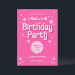 Retro Pretty Pink Stars Birthday Party Invitation<br><div class="desc">This retro inspired birthday party invitation features a bright pink background,  retro inspired typography. The back has the same bright pink color with a white diagonal stripe pattern. The look is feminine and fun!</div>