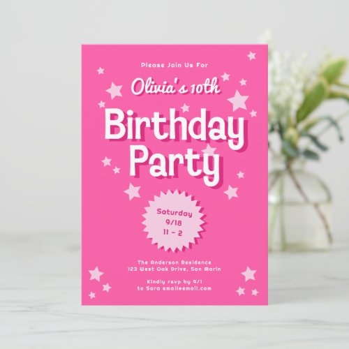 Retro Pretty Pink Stars Birthday Party Invitation