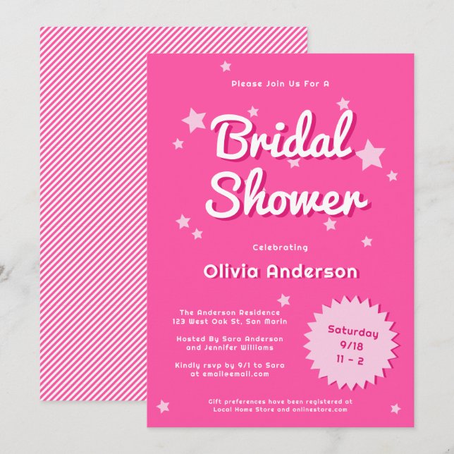 Retro Pretty Pink Stars Bridal Shower Invitation (Front/Back)