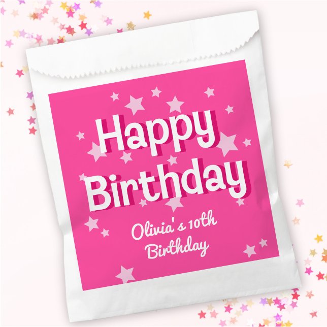 Retro Pretty Pink Stars Happy Birthday  Favor Bag (Creator Uploaded)