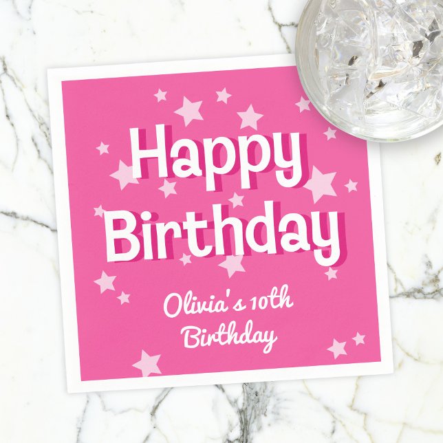 Retro Pretty Pink Stars Happy Birthday  Napkins (Creator Uploaded)