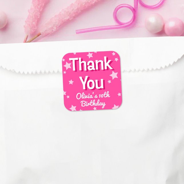 Retro Pretty Pink Stars Happy Birthday  Square Sticker (Creator Uploaded)