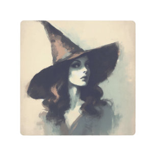 Retro Pretty Witch in Pointed Witch Hat Painting Metal Print