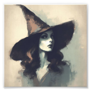 Retro Pretty Witch in Pointed Witch Hat Painting Photo Print