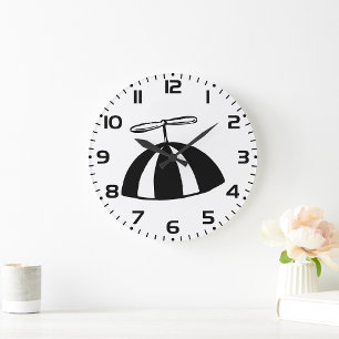 Retro Propeller Beanie Whimsical Black and White Large Clock