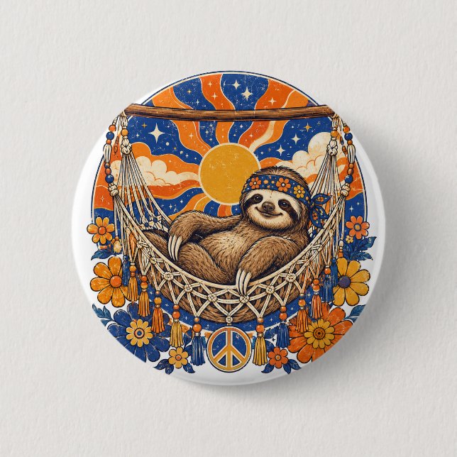 Retro Psych-Pop Sloth in Hammock Button (Front)