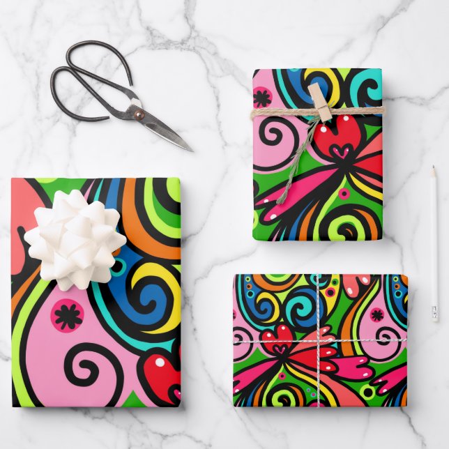 Retro Psychedelic 60s Pattern Fun & Colorful Wrapping Paper Sheets (Front)