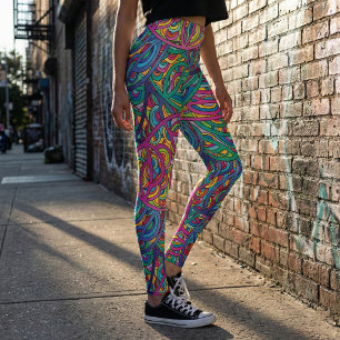Retro Psychedelic Abstract Neon Doodle Pattern Leggings