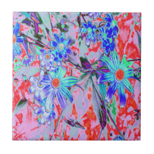 Retro Psychedelic Aqua Green and Orange Flowers Ceramic Tile