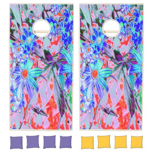 Retro Psychedelic Aqua Green and Orange Flowers Cornhole Set