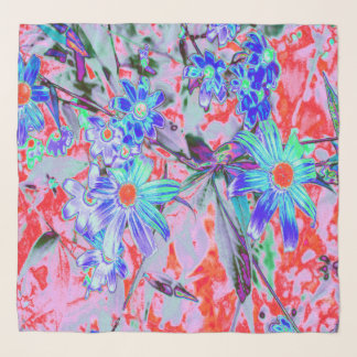 Retro Psychedelic Aqua Green and Orange Flowers Scarf