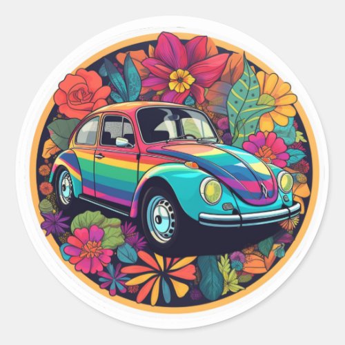 Retro Psychedelic Colorful Beetle Bug  Classic Round Sticker