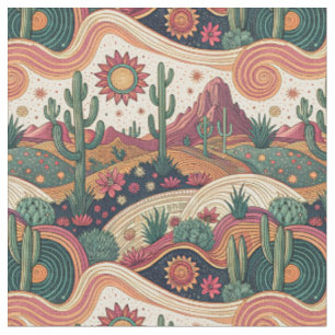 Retro Psychedelic Desert Cactus Sunset Landscape Fabric