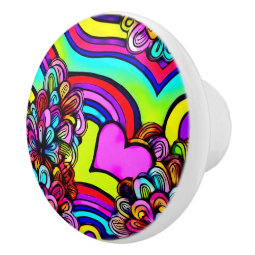 Retro Psychedelic Flowers Heart Colorful  Ceramic Knob
