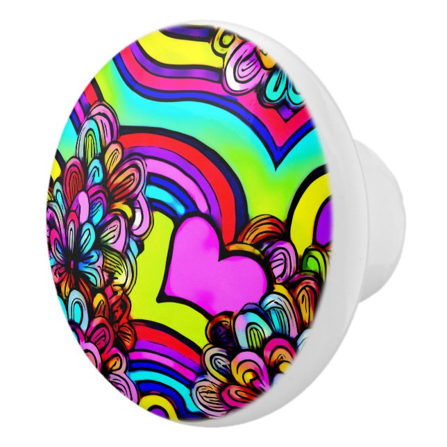 Retro Psychedelic Flowers Heart Colorful  Ceramic Knob (Right)