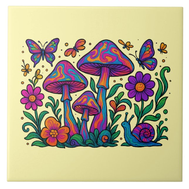 Retro Psychedelic Flowers & Mushrooms Ceramic Tile (Front)