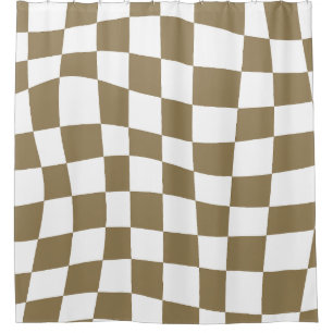 Retro Psychedelic gold wavy checkered Pattern Shower Curtain