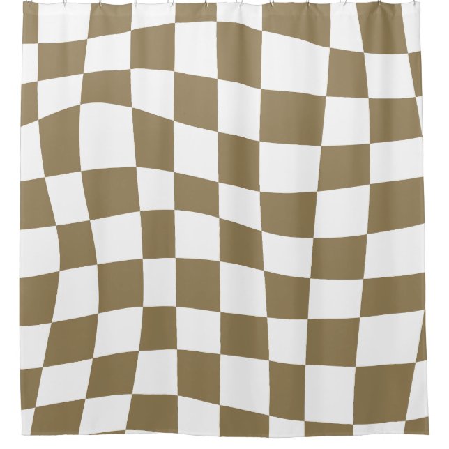 Retro Psychedelic gold wavy checkered Pattern Shower Curtain (Front)