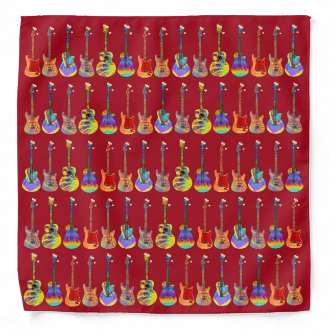 Retro Psychedelic Guitar Christmas Red Dog Bandana (Front)
