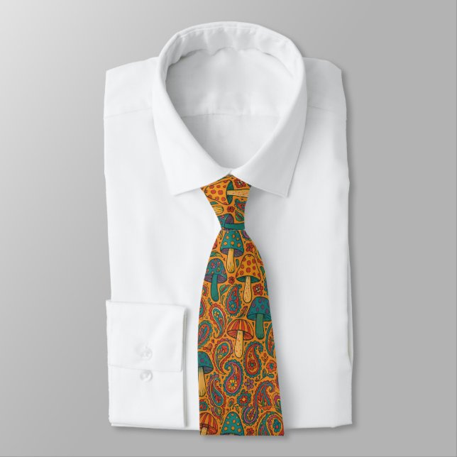 Retro Psychedelic Mushroom & Paisley Pattern Neck Tie (Tied)