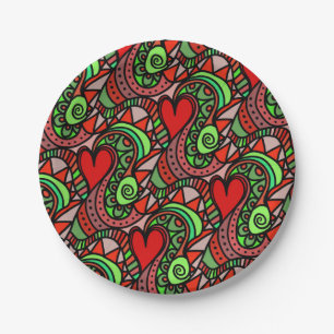 Retro Psychedelic Red Heart Doodle Abstract Paper Plates