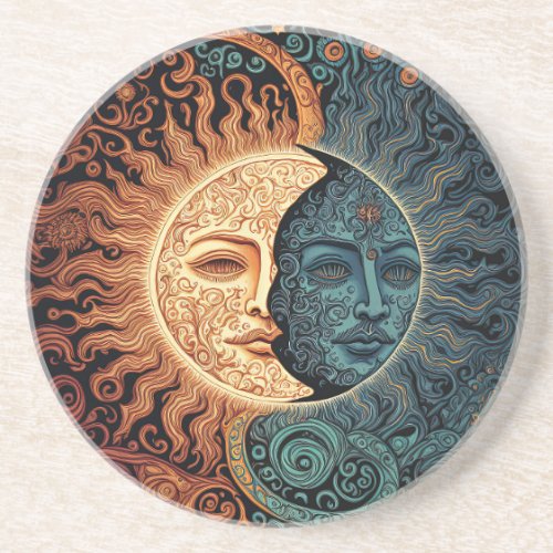 Retro Psychedelic Sun and Moon Faces Coaster